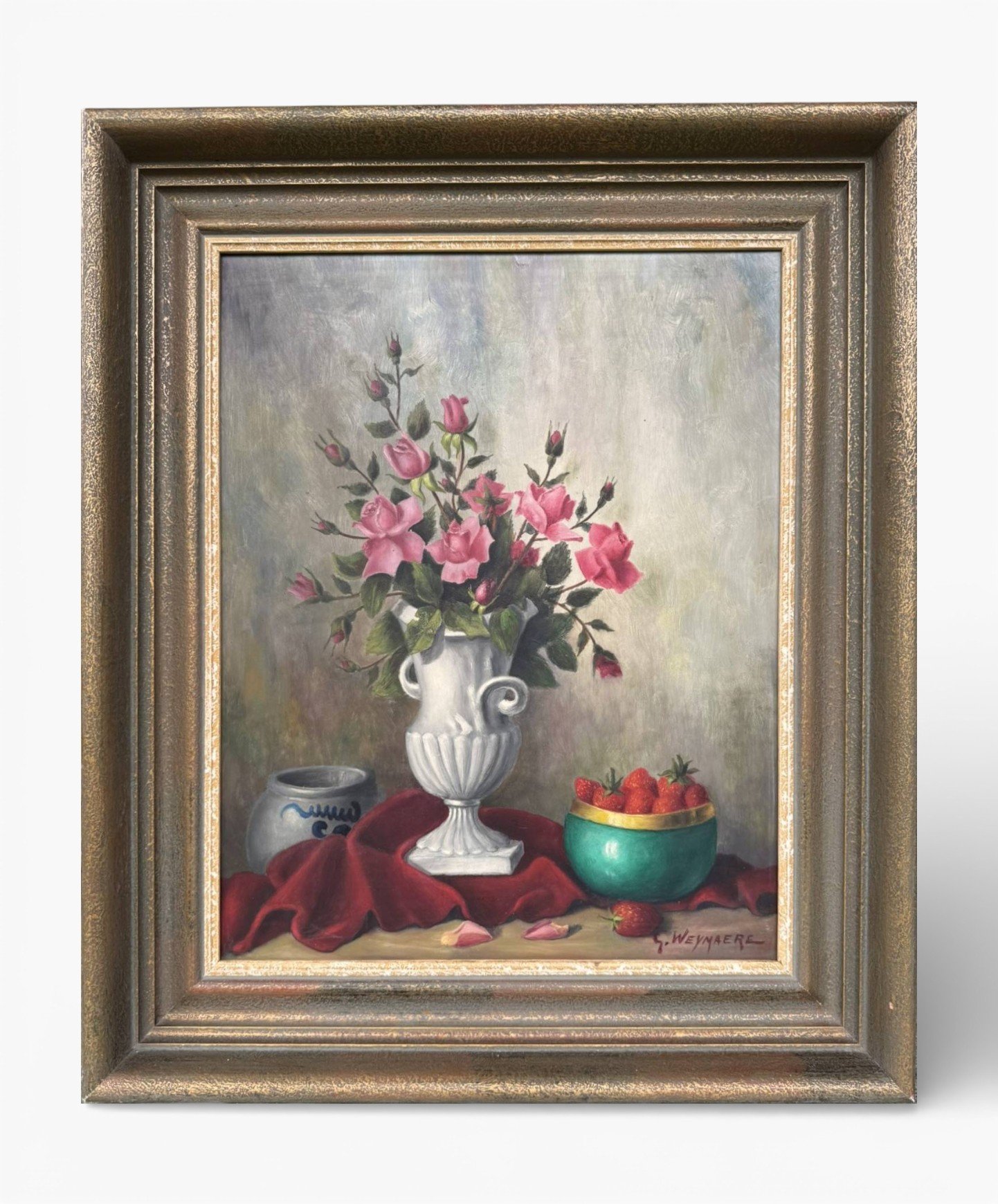 Vintage Still Life Painting Roses & Strawberries